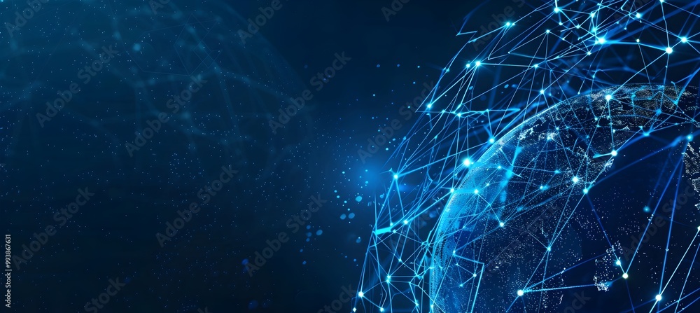 Poster abstract blue background with glowing network connections and a digital globe, symbolizing global co