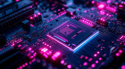 Obraz premium Circuit Board With Neon Pink Lights 3D Illustration