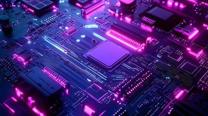 Obraz premium Abstract 3D Circuit Board with Neon Lights