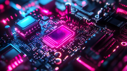 Obraz premium Circuit Board with Pink and Blue Neon Lights - 3D Illustration