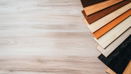 Laminate and wood flooring swatches arranged neatly, a variety of textures and colors for modern and classic interior styles