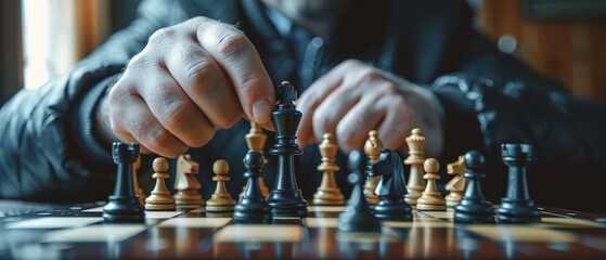 A man’s hand moving a chess piece during a tense chess match in a cozy living room setting. Free copy space for text.