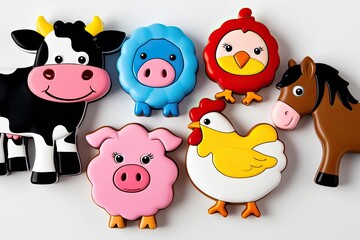 Vibrant Arrangement of 6 Cute Cartoon Farm Animal Figures: Cow, Pig, Sheep, Chicken, and Horse on a White Background