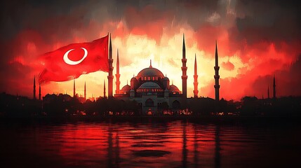 Fototapeta premium The silhouette of the Blue Mosque glowing against a twilight sky, with the Turkish flag’s red and white tones softly flowing in the background.