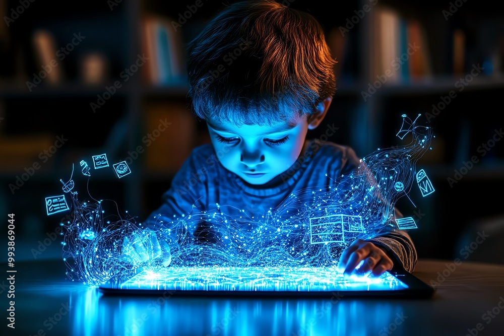 Poster a child in a fantasy world using a magical tablet, where lessons come to life in the air around them