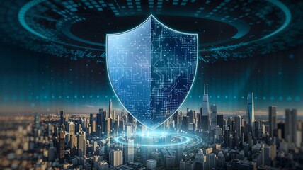 An abstract digital shield hovers over a cityscape, symbolizing protection from a cyber attack. The visual represents cybersecurity, defense, and the safeguarding of urban digital infrastructure.