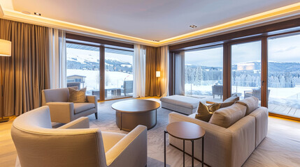 Luxury Boutique Hotel Suite with Mountain View in Winter at a Ski Resort. Concept of High-End Lodging, Scenic Getaway, Cozy Interior Design
