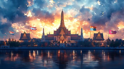 Obraz premium The silhouette of the Grand Palace against a soft watercolor sky where the Thai flag’s colors gently blend in the background. The warm glow of a sunset reflects on the palace’s intricate details,
