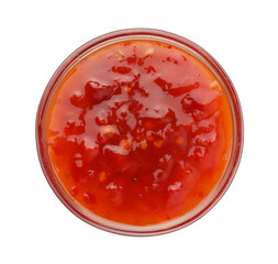 Hot chili sauce in bowl isolated on white, top view