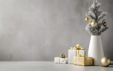 Sophisticated Christmas decor with gold and white ornaments, wrapped gifts, and a sleek cone-shaped tree, minimalistic holiday style
