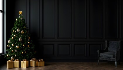 Sophisticated holiday scene with a decorated Christmas tree, black panel walls, gold presents, and a cozy armchair by the window