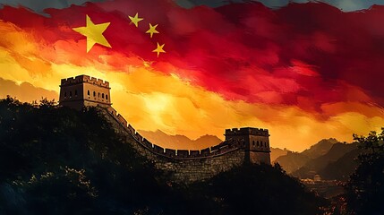 Obraz premium The silhouette of the Great Wall of China glowing against a twilight sky, with the Chinese flag’s red and yellow tones softly flowing in the background.