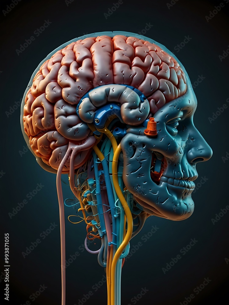 Poster human brain with a plug, symbolizing mental support and memory enhancement.