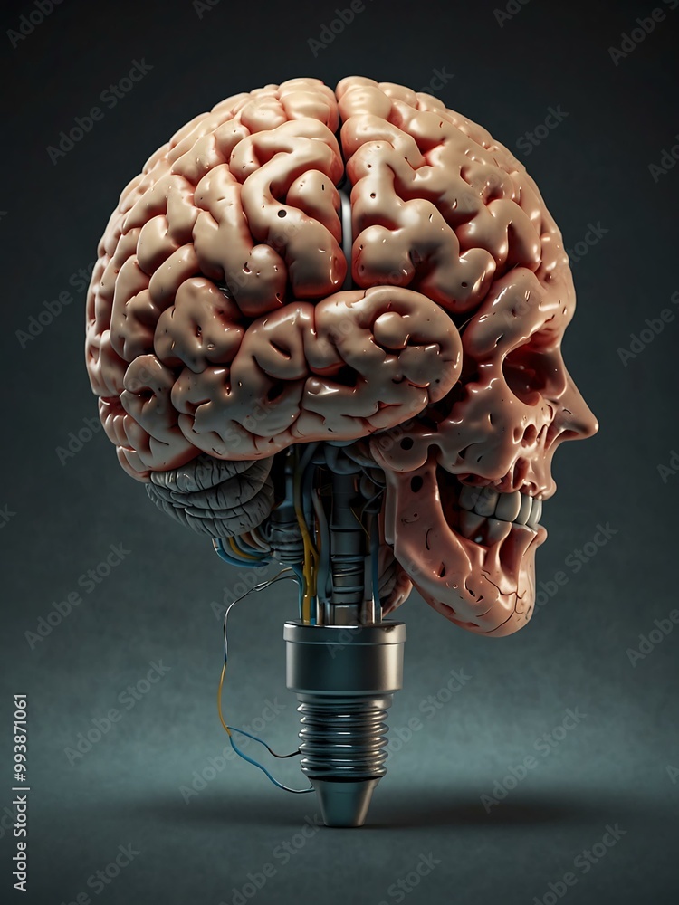 Poster human brain with a plug, symbolizing mental support and memory enhancement.