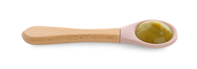 Spoon with tasty baby food isolated on white