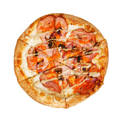 Gourmet pizza with mortadella isolated on white. Top view.