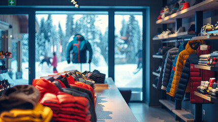 Modern sports store selling winter clothing and accessories at ski resort with view of snowy trees through window. Winter sports gear shopping, preparation for outdoor activities, skiing vacations