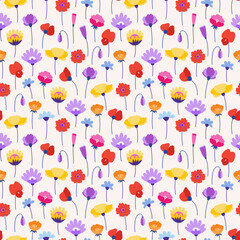 Wildflowers seamless pattern on beige background. Colorful spring meadow herbs and flowers. Floral summer vector illustration. Botanical background, modern style design