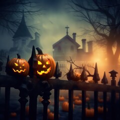 Spooky Halloween Jack-o'-Lanterns on a Foggy Night
