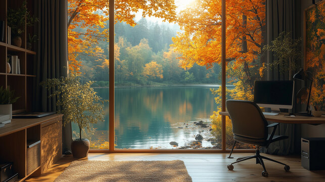 a bright sunny home office with a window overlooking a beautiful autumn scene with a lake
