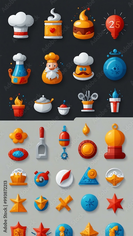 Poster icons for creativity, chef concepts, and notifications in a vector set.