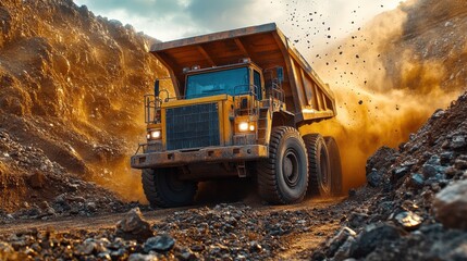Yellow Dump Truck Driving Through a Dirt Path