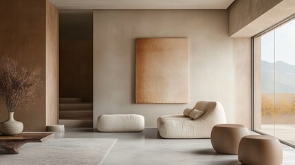 Minimalist living room with beige tones and modern furniture.