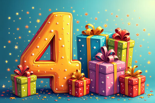 4th birthday card. Large, stylized number four with a golden hue, surrounded by colorful gift boxes and confetti, creating a festive atmosphere.
