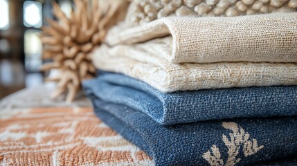 Stack of folded fabric swatches in beige and blue tones.