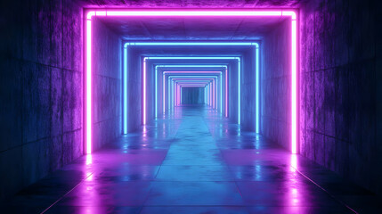 3D Neon Light Corridor - Futuristic Tunnel with Pink and Blue Glowing Lines