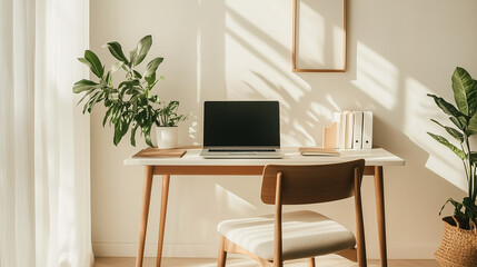 A minimalist home office setup with a simple white desk and chair near a large window. Sunlight floods the room, highlighting clean lines and natural materials