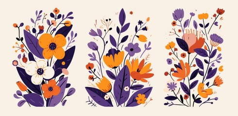 Obraz premium Three frame art featuring bold purple and orange designs 