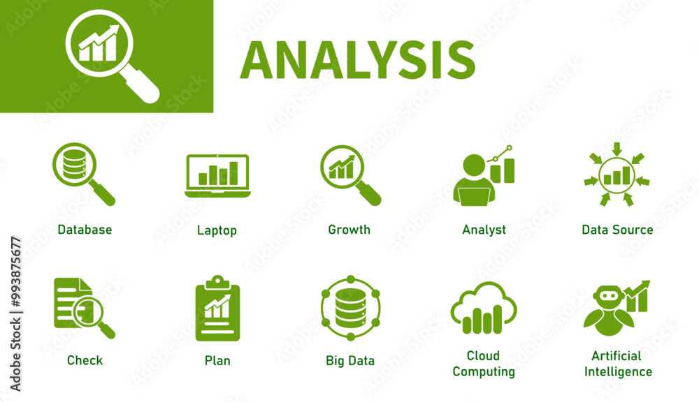 Poster analysis icon. set of icons for data analysis, magnifying glass, check, ai, cloud computing, compute