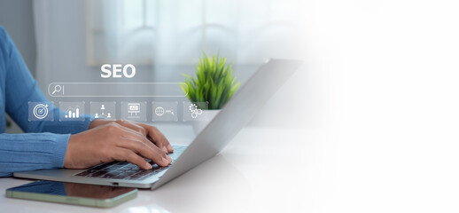 Woman use search engine to Searching for information, Businesswoman Search On Virtual Screen Data...