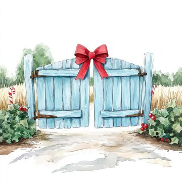 blue gate with red bow, christmas scene clip art preview