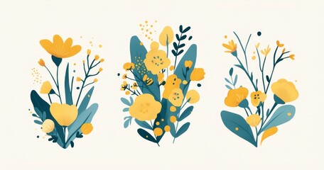 Three frame art featuring simple plants and flowers in yellow and teal on a white background