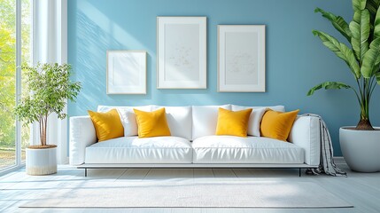 Elegant living room with white sofa, blue accents, and yellow pillows.