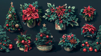 Flower Shop Potted Holiday Arrangements with Poinsettias and Trees