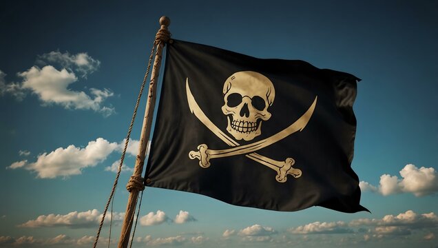 Jolly Roger pirate flag flying from a ship's mast.