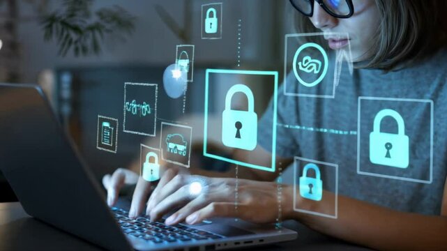4K footage captures a person typing on a laptop, surrounded by floating digital icons of locks, keys, and encrypted data, symbolizing the essence of cybersecurity and secure digital transactions.