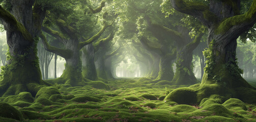 Fototapeta premium Ancient forest with giant trees and mossy with a carpet of ferns, mysterious and ancient nature landscape. 