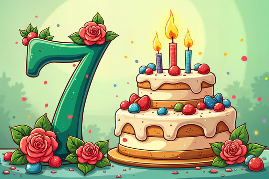 7th birthday card. Vibrant birthday celebration with a large number seven, a cake adorned with candles and colorful decorations, and roses scattered around the scene.