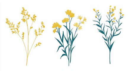 Fototapeta premium Three frame art featuring simple plants and flowers in yellow and teal on a white background