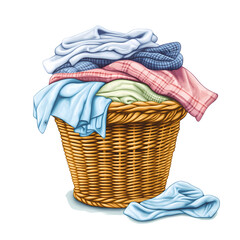 A basket full of clothes is piled on top of itself. The basket is overflowing with clothes, and the clothes are all different colors and styles. ,isolated on transparent background, cut out, png
