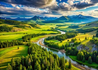 Breathtaking View of Yellowstone Valley with Lush Greenery, Rolling Hills, and Majestic Mountains