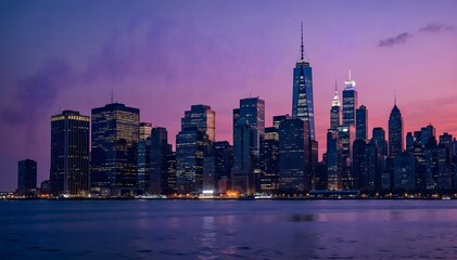 Obraz premium Mesmerizing NYC Skyline View: Purple Twilight Sky, Tall Skyscrapers, and City Light Reflection