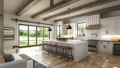 Modern kitchen in a country house with white walls