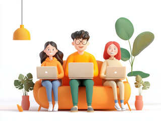 Creative individuals are engaged in productive work on laptops while sitting on vibrant orange sofa surrounded by plants. Their focused expressions reflect collaborative and innovative atmosphere