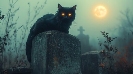 A black cat with glowing eyes perches on a crumbling tombstone, the glowing full moon lighting the fog-covered graveyard, creating a haunting, cursed atmosphere. Cinematic, hd quality,