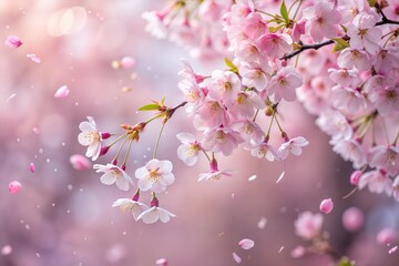 Fototapeta premium Delicate pink cherry blossoms with falling petals